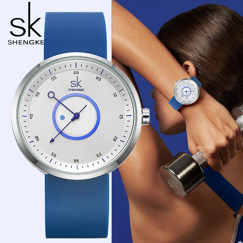 Shengke New Women Watches Blue Silicone Comfortable Strap Woman\'s Quartz Wristwathches Design 41mm Big Dial Relogio Feminino