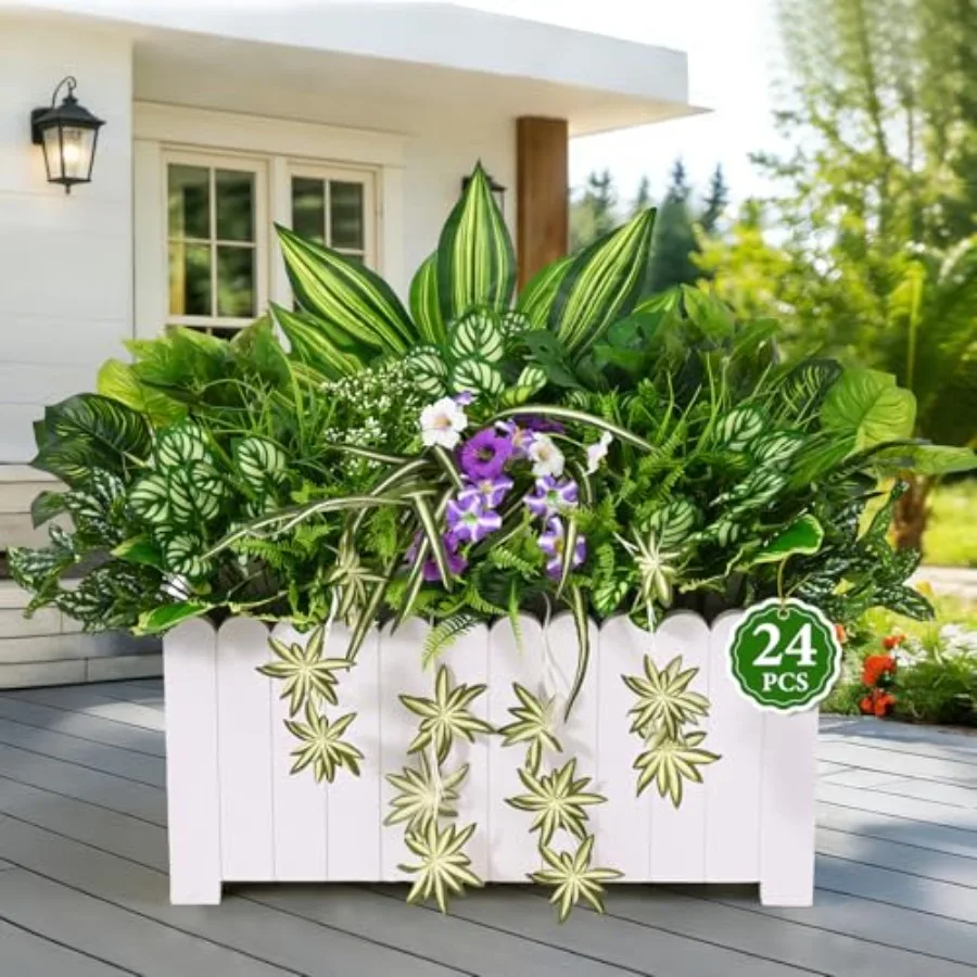 

24 шт. 14 видов искусственных растений для улицы, реалистичные, устойчивые к УФ-излучению цветы, большие букеты, искусственная зелень, стебли, бостонский папоротник для сада