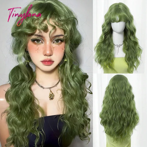 Pelucas sintéticas onduladas verdes y rizadas largas con flequillo para mujer, pelucas de Cosplay verdes de hierba navideña, pelo Natural diario resistente al calor