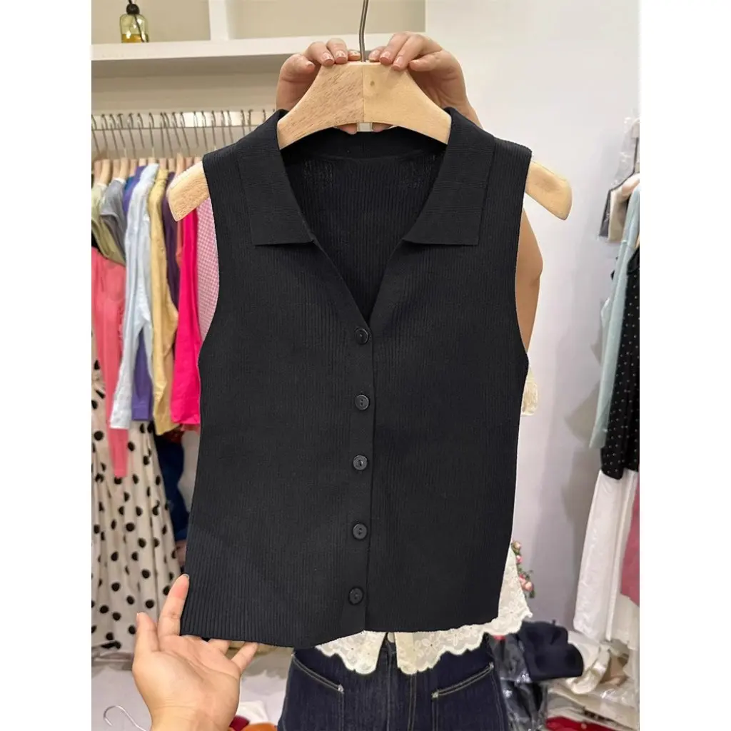 

Elegant Polo Neck Knitted Vest Women Summer Thin Ice Silk Sleeveless Strap Base Top Single Button Backless Tank Top
