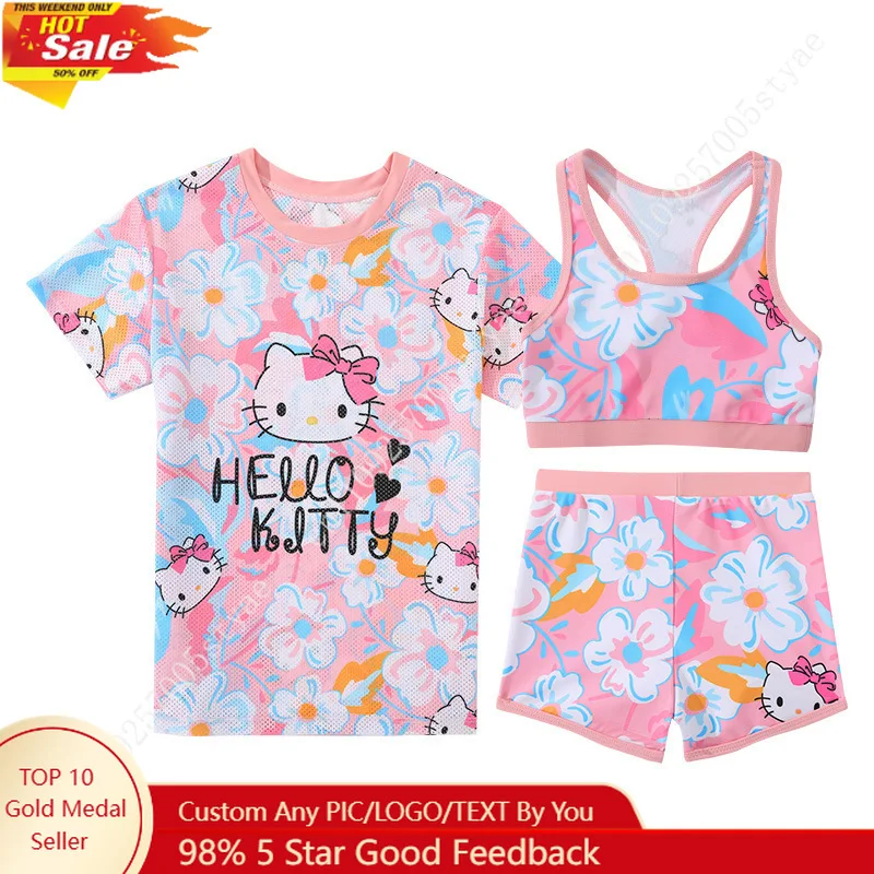

Hello Kitty and Flower Girls' 3 Set Swimwear Children's Swimming Suit Beach Swimsuit Large Size for Tee and Adult