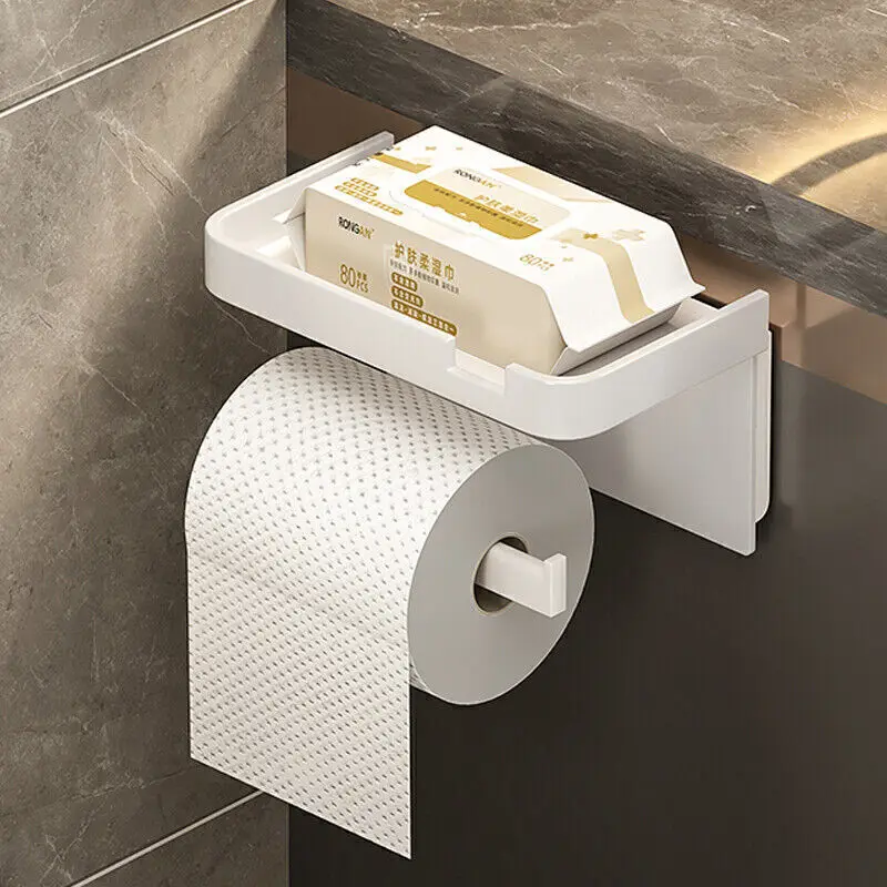 Home Bathroom Wall Mounted Toilet Roll Paper Holder Shelf Phone Stand Organizer