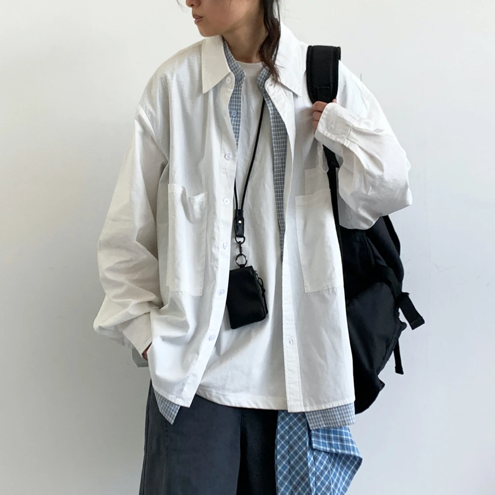 Mens Womens Japanese Vintage Layered Shirt Autumn Lightweight Loose Long Sleeve Preppy Style Casual Simple Streetwear Coat Unise