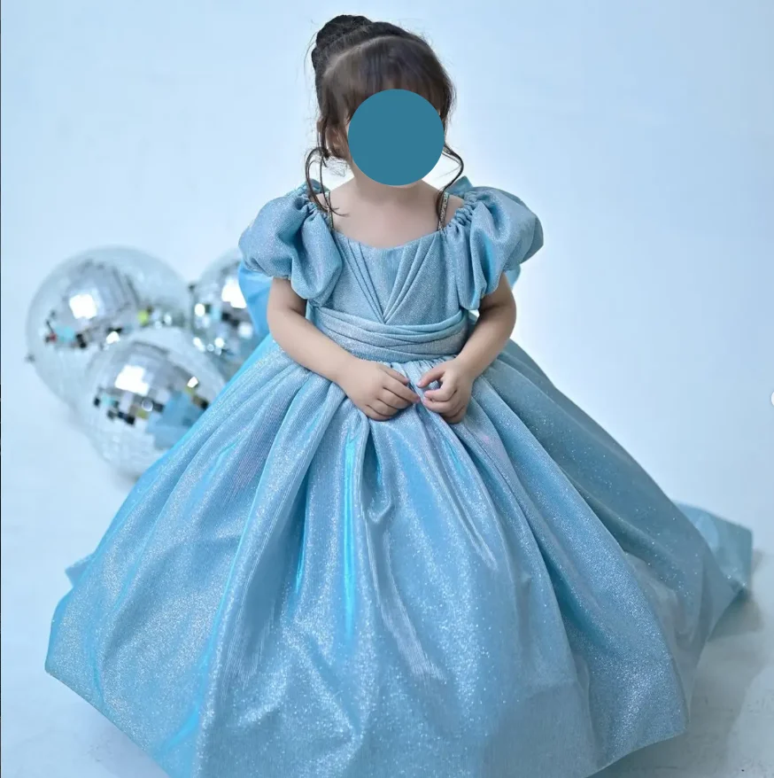 Sequin Satin Flower Girls Dress Big Back Bow Blue Birthday Dresses Luxury 2026 For Kids Pleated Short Sleeve Wedding Party Gown