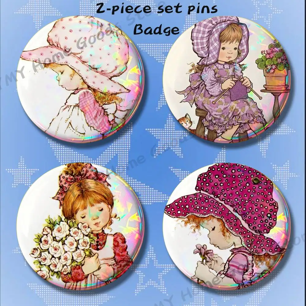Vintage Art S-Sarah Kay Cartoon Brooches for Backpack Accessories 25 32 44 58 75mm Round 2-piece set Free Mix