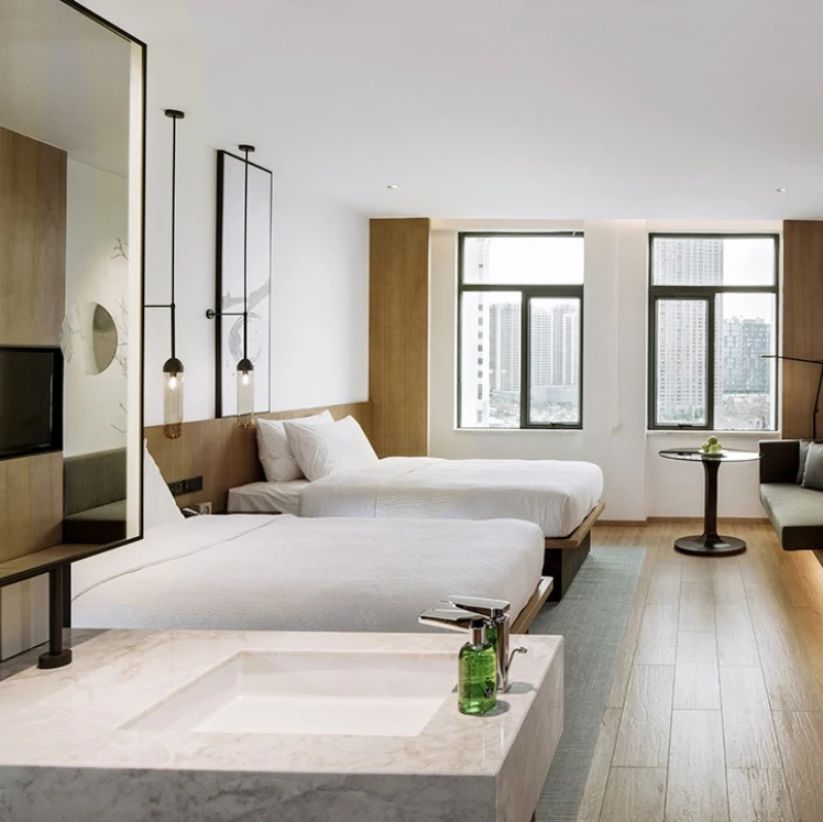 

!@Solid Wood Hotel Room Furniture Paneling Bed Furniture Bedroom Set Modern Panel Bedroom for 5 Star Wooden/frabic Top Wood Hous