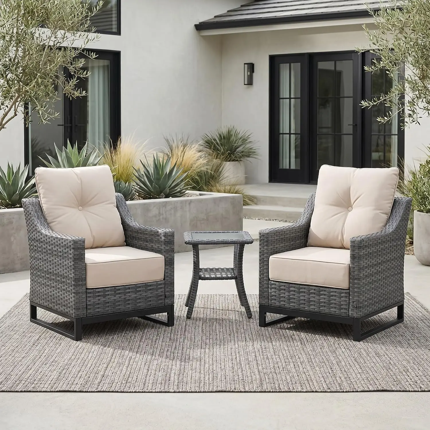 3-Piece Wicker Patio Furniture Set With High-Back Chairs & Side Table, 6-Inch Olefin Cushions For Porch Deck Balcony, Customized