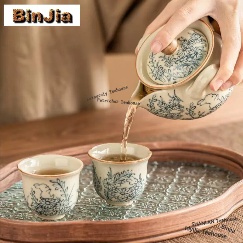 180ml Cute Rabbit Ru Kiln Porcelain Hand Held Pot Chinese Sunflower Reception Tea Bowl Tea Brewing Kettle Tea Pair Kung Fu Craft