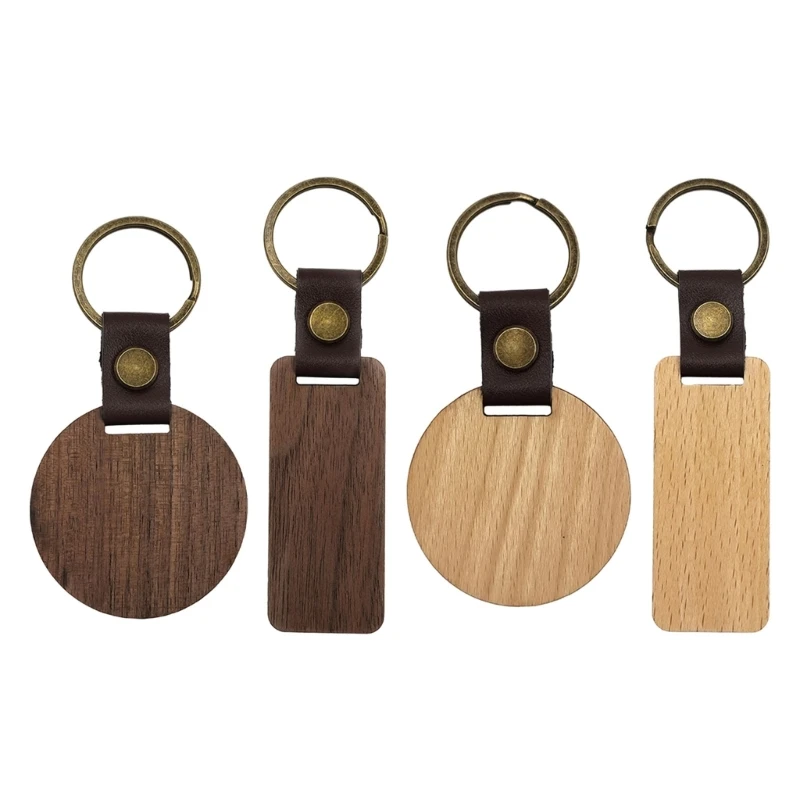 10Pcs DIY Customizable blank Keyring Personalised Round/Rectangle Keychain Wooden Pu Leather Key Chain Jewelry for Friend