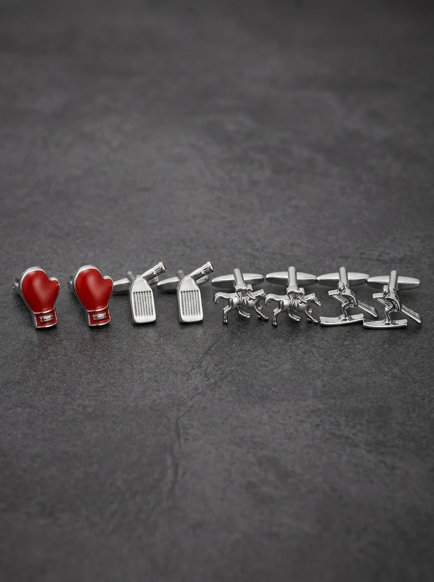 Sport Theme Cufflinks Golf Club Equestrian Rider Red Enamel Boxing Glove & Tennis Racket Shaped Cuff Studs for Men Formal Outfit