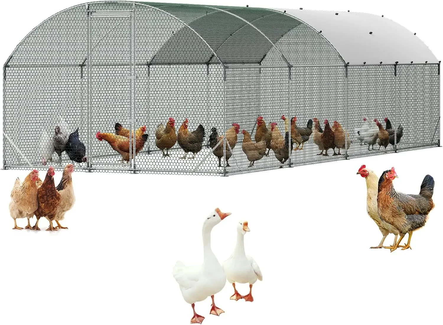 Large Metal Chicken Coop, 9 x 25 x 6.6 ft, Walk-in Chicken Run House with Waterproof Cover & Sturdy Frame, Dome Roof Poultry Cag