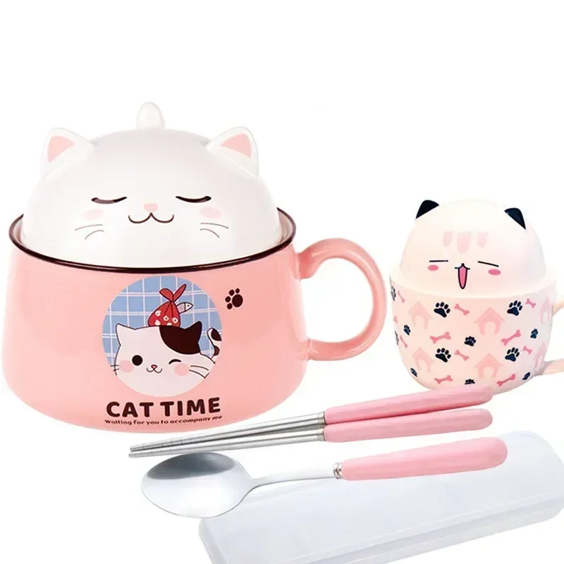 450/1020Ml Ceramic Mug with Spoon and Lid Cute Cat Tiger Pig Instant Noodle Ramen Bowl Large Capacity Kitchen Tableware Office