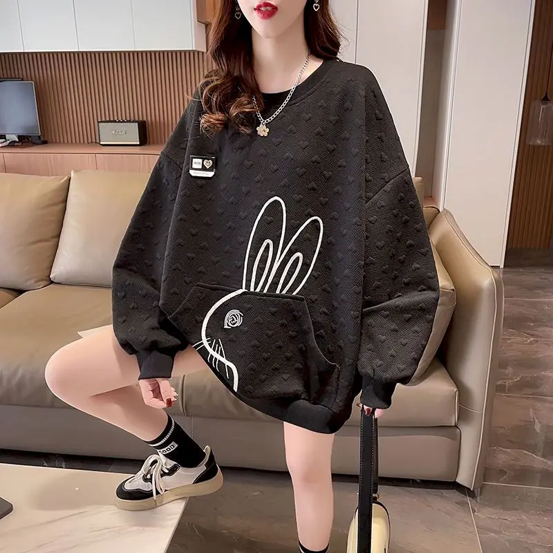 Rabbit Design Pullovers Women Casual Loose Thin Tops Spring Autumn Trend Pocket Pullover Fashion Cute Sweatshirts Y2k Clothes