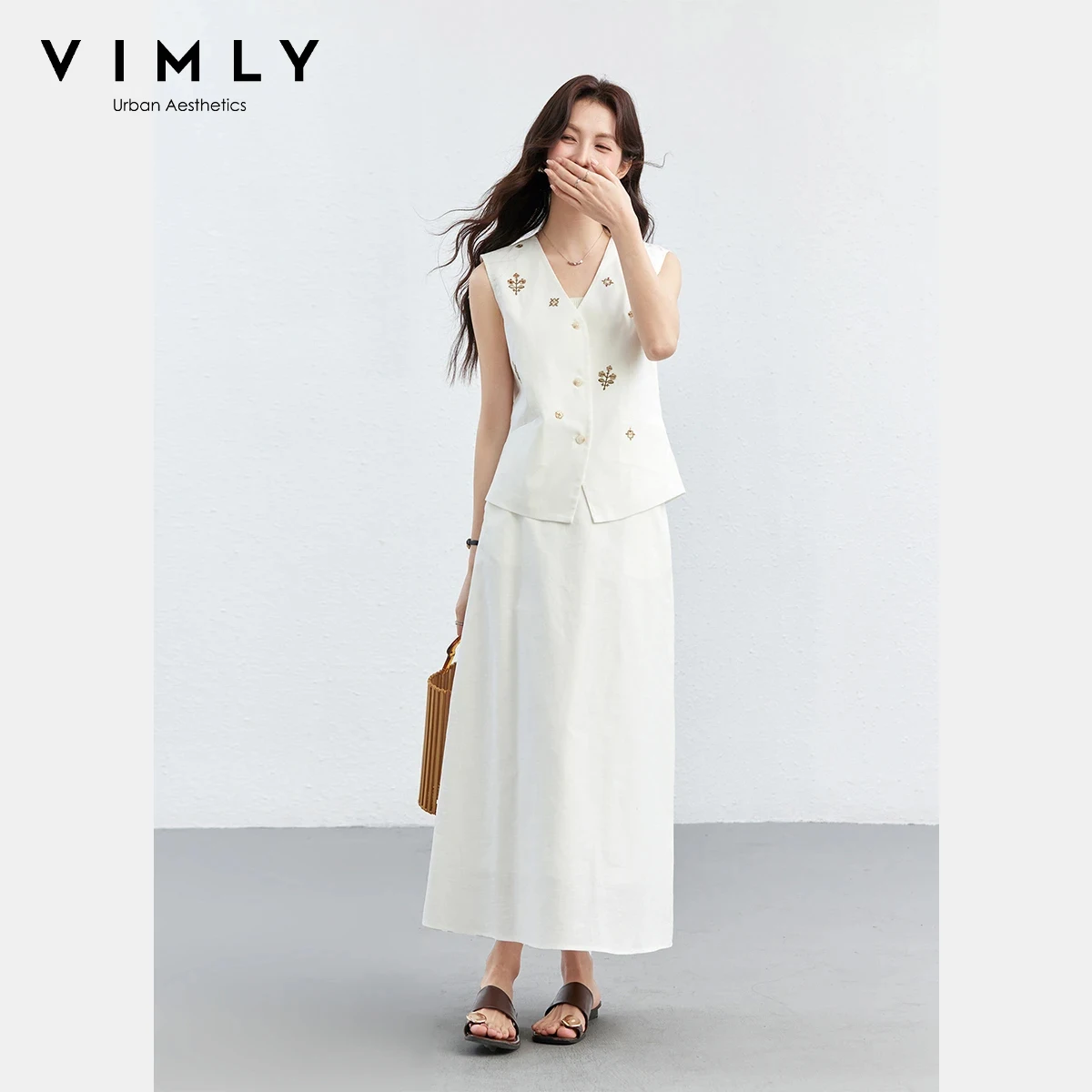 VIMLY Women‘s Cotton Linen Suit 2026 Spring New Floral Embroidered Sleeveless Vest A-Line Midi Skirt Casual Two-Piece Set A5058