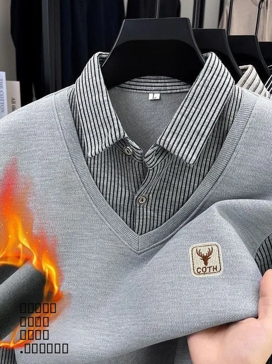 

Мужской утепленный вязаный свитер с флисовой подкладкой, имитация двухслойности, с воротником-рубашкой, свободный крой, модный городской стиль, повседневный, с длинными рукавами