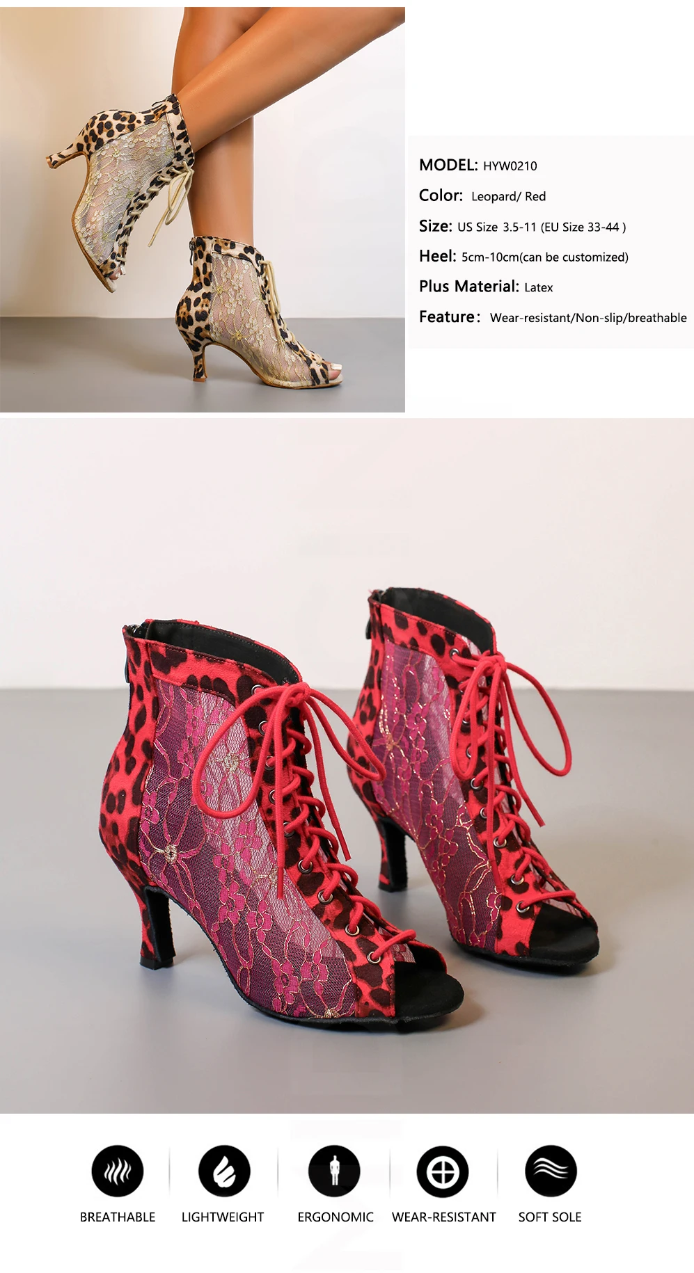 CINMIDY Damen Spitzen-Mesh-Tanzstiefel Rot Weiche Sohle Salsa Tango Latein Tanzschuhe Leopardenmuster Pole Dance Indoor Party Schuhe – Detail 2