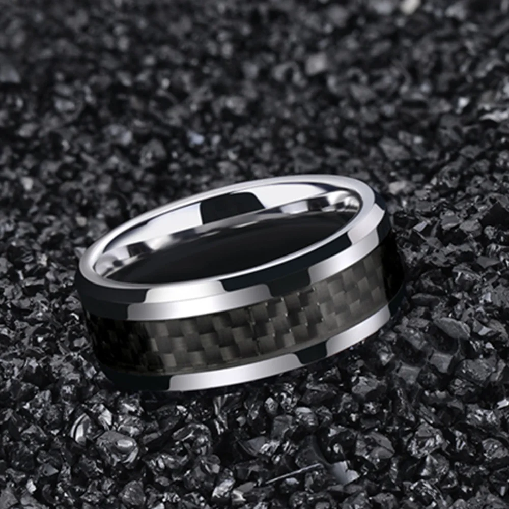 

Vintage Silver Titanium Stainless Steel Ring Black Carbon Fiber Ring Wedding Jewelry Christmas Gift Accessories Comfortable Fit