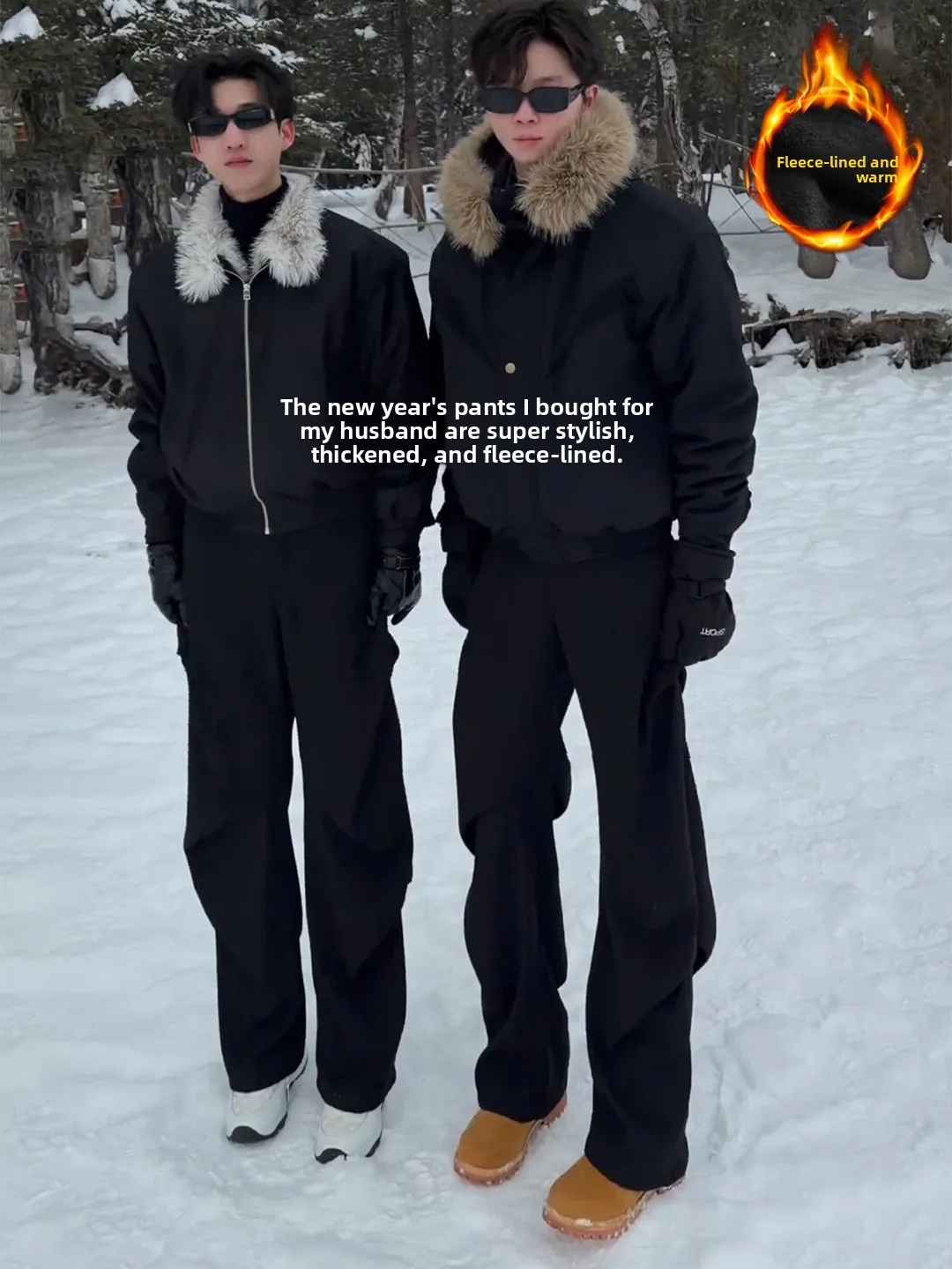 

Bla Fce Lined Folded Trousers Men's Winter Casual Dungarees Straight Leg Workwear Pants Youth Faion Cool Sle