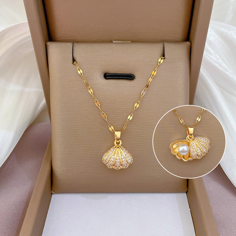  Full Rhinestone Shell & Pearl Pendant Necklace for Women Luxury Titanium Steel Clavicle Chain Perfect Wedding Gift Jewelry 