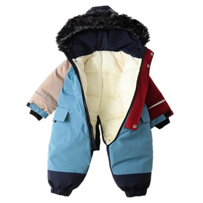 2024 Patchwork Color Hooded Baby Girl Romper Thick Warm for Boys Baby Coat Skiing Clothing Children Jumpsuits Winter New Rompers