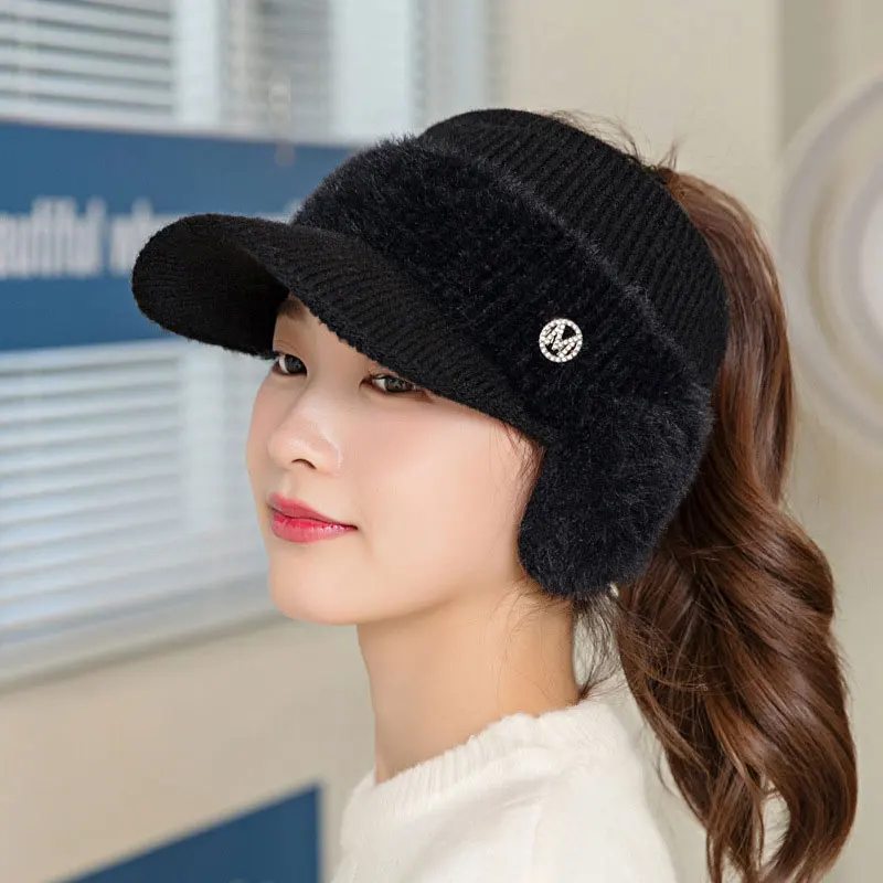 CNTANG 2024 New Autumn Winter Fashion Women\'s Knitted Fleece Hat Ladies With Earflaps Hats Empty Top Baseball Cap For Female