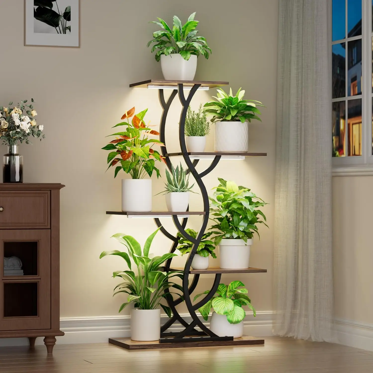 

Plant Stands for Indoor Growing, 8 Tiered Large Flower Holder, S-Shaped Decorative Rack for Living Room, Patent Design, Brown
