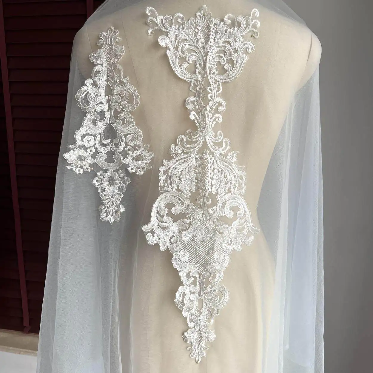 Ivory Sequined Floral Embroidery Lace Appliques DIY Wedding Dress Lace Accessories Perfect for DIY Wedding Dresses