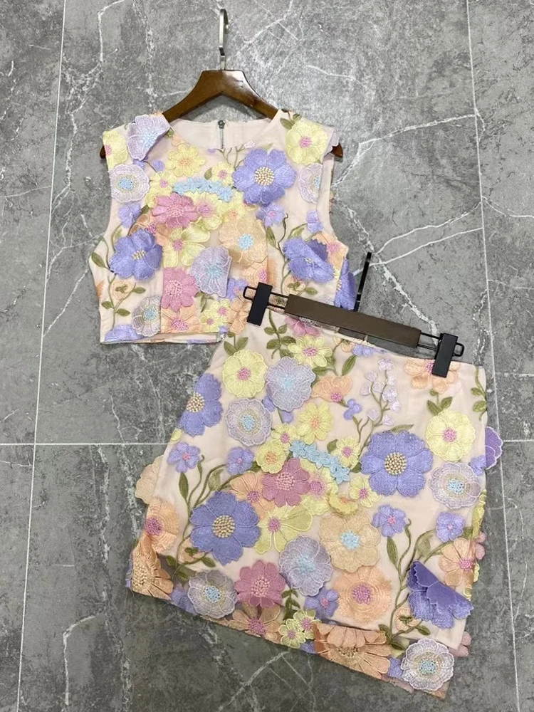 AELESEEN High Quality 2 Pieces Set Women Summer Sleeveless 3D Flower Embroidery Short Top + Mini Skirt Appliques Slim Casual Set