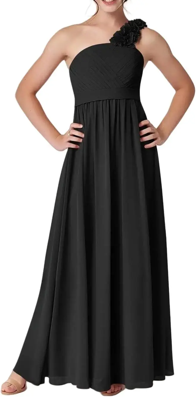 فساتين فتاة الزهور الشيفون لحفلات الزفاف الكشكشة رداء حفلات للفتيات المراهقات فستان وصيفة العروس الصغيرة بكتف واحد