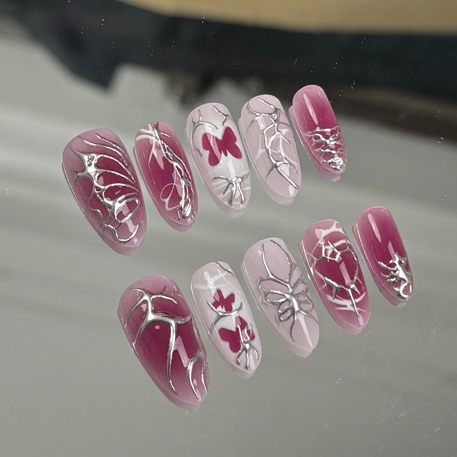 

24PCS Y2k Pink Blusher French False Nails with Metallic Silver Butterfly Almond Press on Nails Sweet Cool Spice Girls Fake Nails