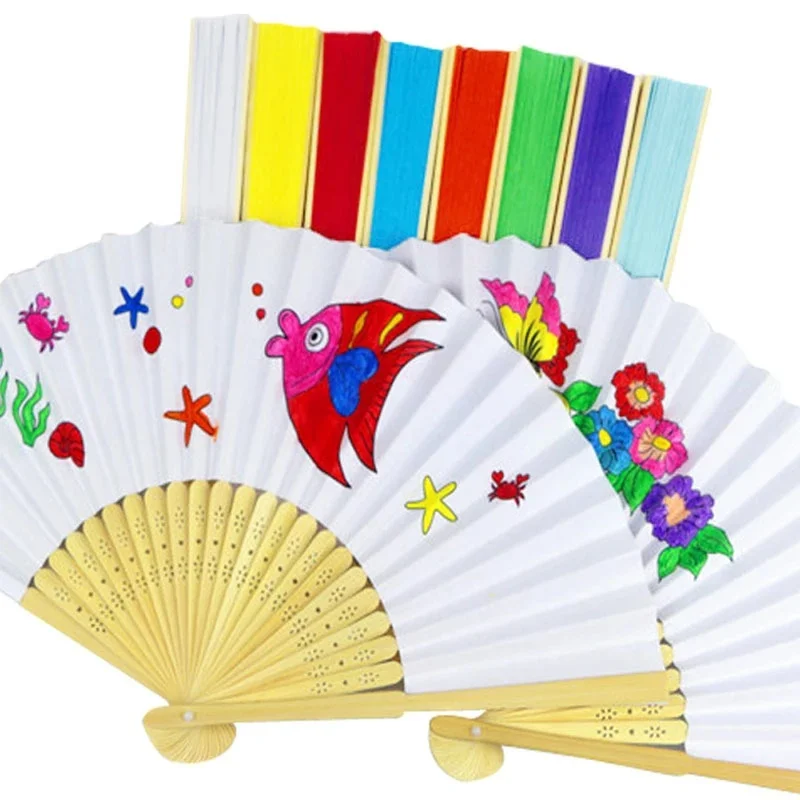 Pure Color Blank Bamboo Folding Fan Children's Painting Handicraft Cartoon Calligraphy Graffiti Paper Fan Wall Hanging Souvenir