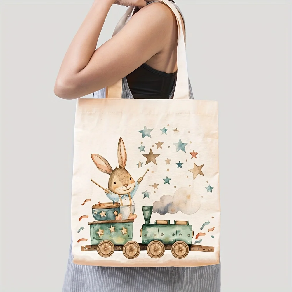 

Холщовая сумка-тоут Bunny Magic с изображением милого кролика и зеленого поезда-локомотива — большая многоразовая сумка для покупок для женщин, подарок на Пасху