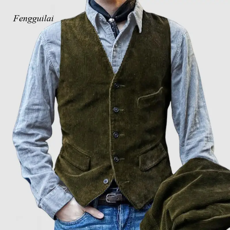 Men's Vintage Corduroy Vest V-Neck, Button Closure, Multi-Pocket Design Retro Western Style for Casual & Formal Wear