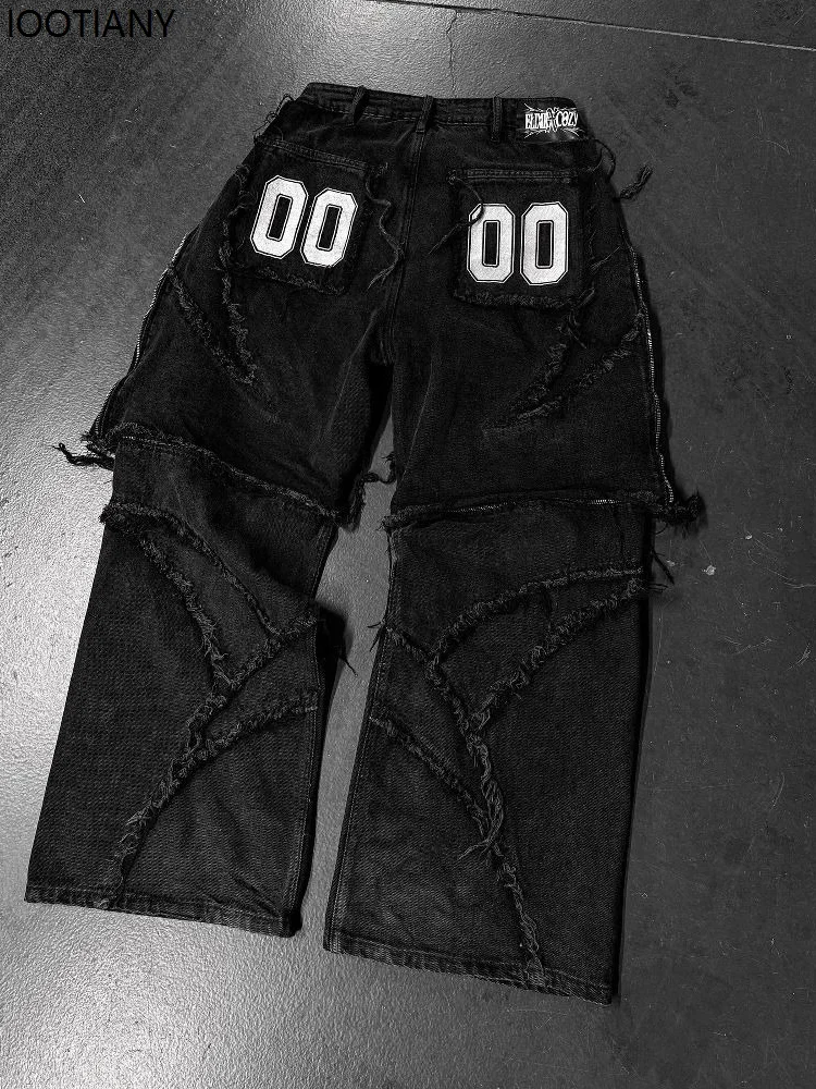Vintage Zipper Patchwork Jean For Women Grunge Y2k High Street Black Jeans American Retro Punk Street Embroidered Raw Edge Pant