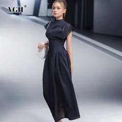 VGH Solid Patchwork Folds Dresses For Women Stand Collar Sleeveless High Waist Hollow Out Minimalist Slimming Dress Female New