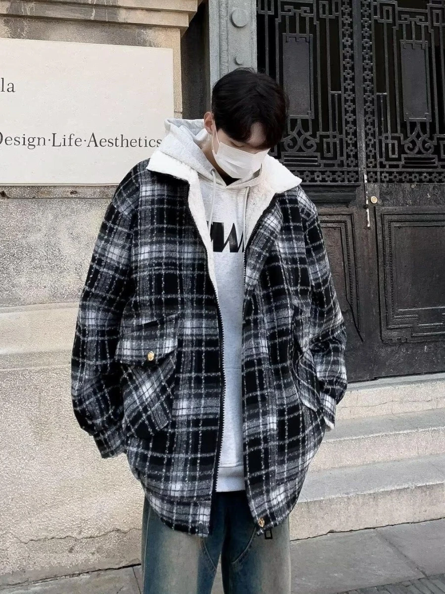 

Warm Woolen Cotton Jaet with Hood Casual Plaid Long Sve for Teenagers Cleanfit Sle Stand Version Polyester Fiber
