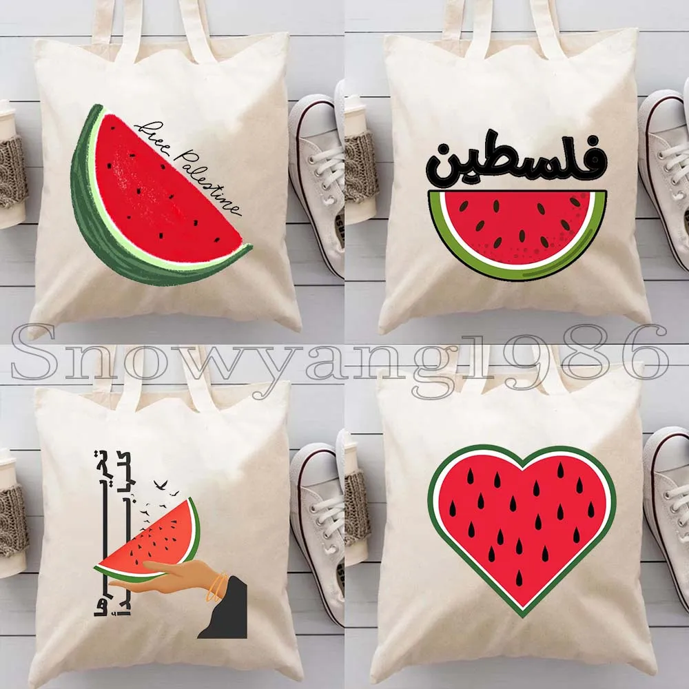 

4PCS Kawaii Watermelon Art Color Paintings Arabic Gifts Canvas Tote Bag Al Aqsa Mosque Shoulder Cotton Shopper Eco Handbag Pouch