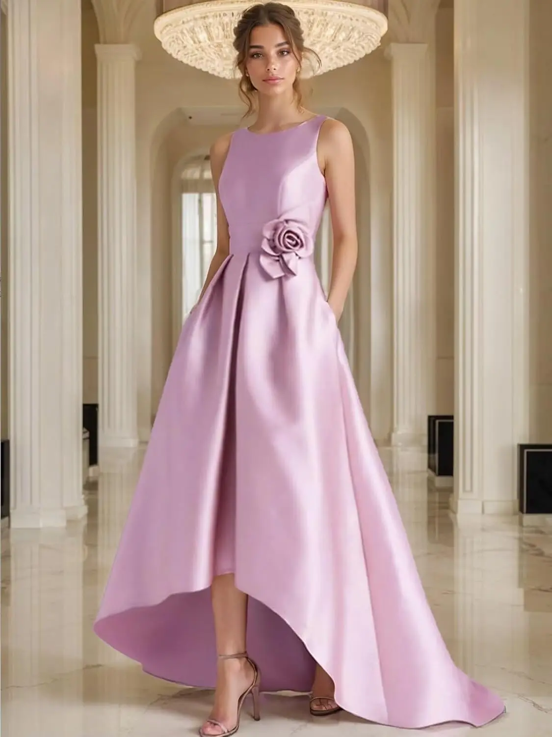 Aラインハイロー3Dフローラルサテンプロムドレスクルーネック花嫁の母ドレス女性用ノースリーブフォーマルガウンポケット付き