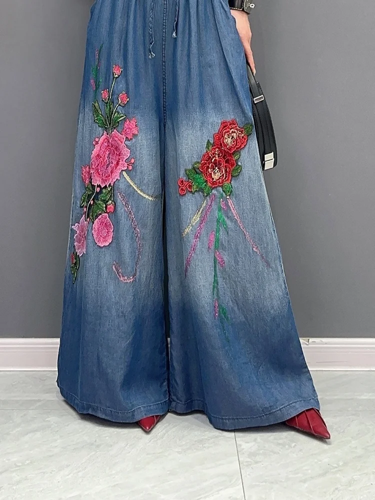 Vefadisa 2024 Summer New Korean Fashion Embroidery Flower Long Soft Denim Wide Leg Jeans Women Single Piece Pants ZXF155B