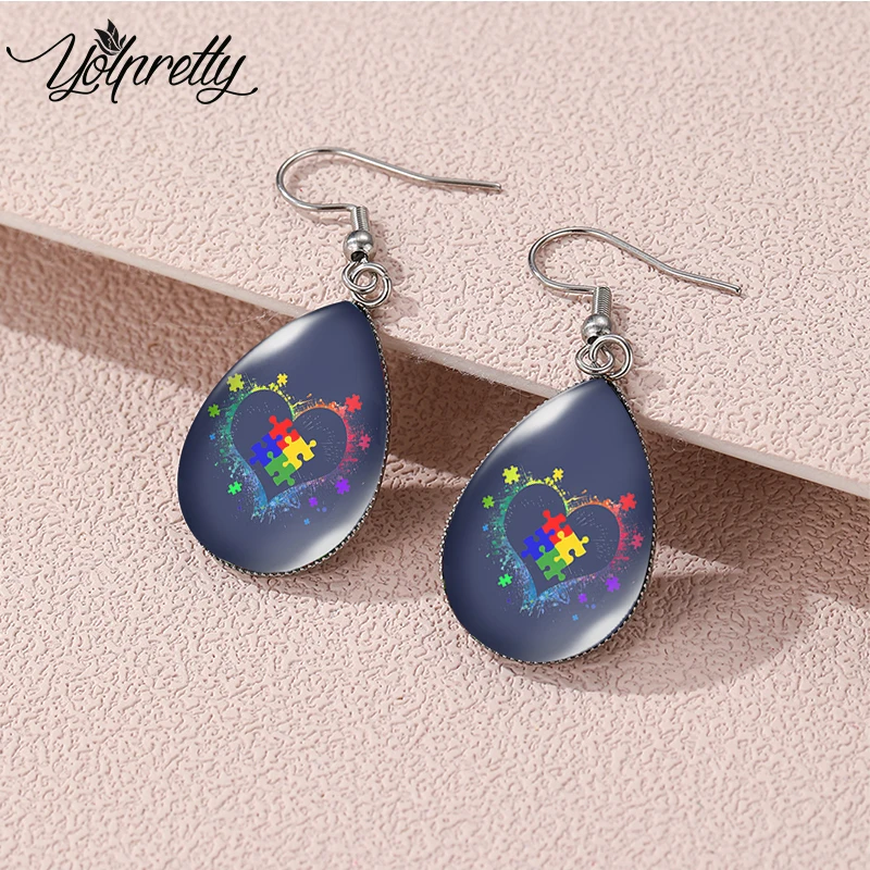 2023 New Arrival Autism Awareness Teardrop Hoop Earrings Dangle Hook Glass Cabochon Stainless Steel Earrings Jewelry