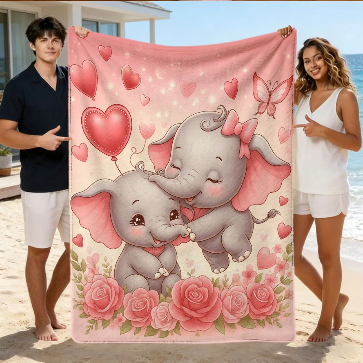 Cute Baby Elephant and Pink Roses Floral Throw Blanket for Nursery Kids Bedding Cozy Warm Soft Decor Gift for Girl