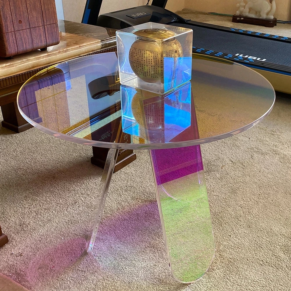 120cm Acrylic Rainbow Color Coffee Table Iridescent Glass End Table Round Side Table Modern Accent Table for Living Room