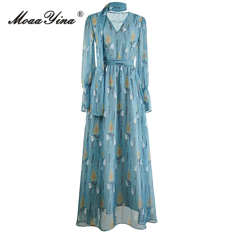 

MoaaYina Spring Fashion Runway Vintage Print Party Dress Women V Neck Long Sleeve Frenulum Elastic Waist Slim A-LINE Long Dress