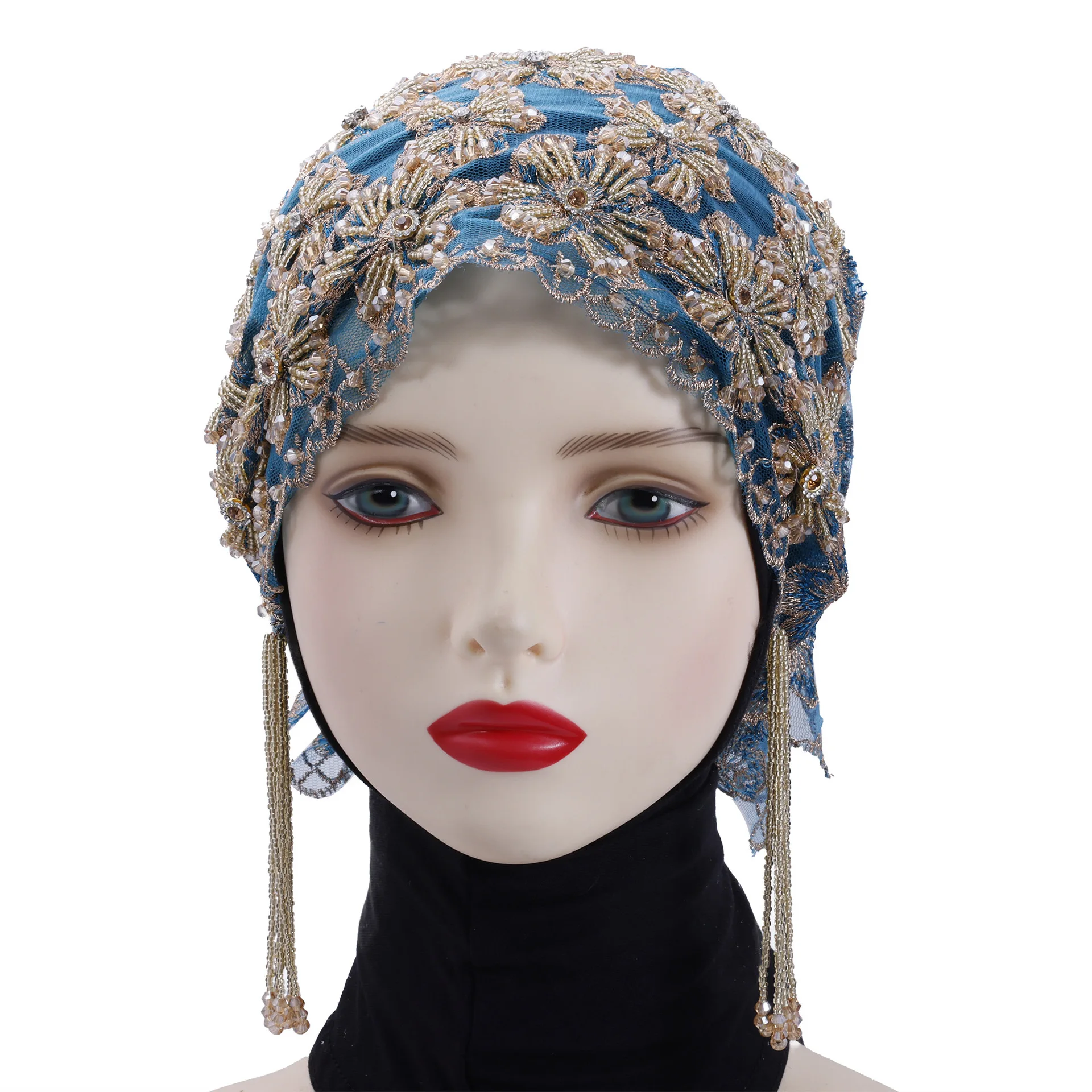 New Luxury Women's Hats Hijabs Double Fabric Bead Tassel Hat Diamond Embroidered Muslim Gorgeous Africa Fashion Caps Spring