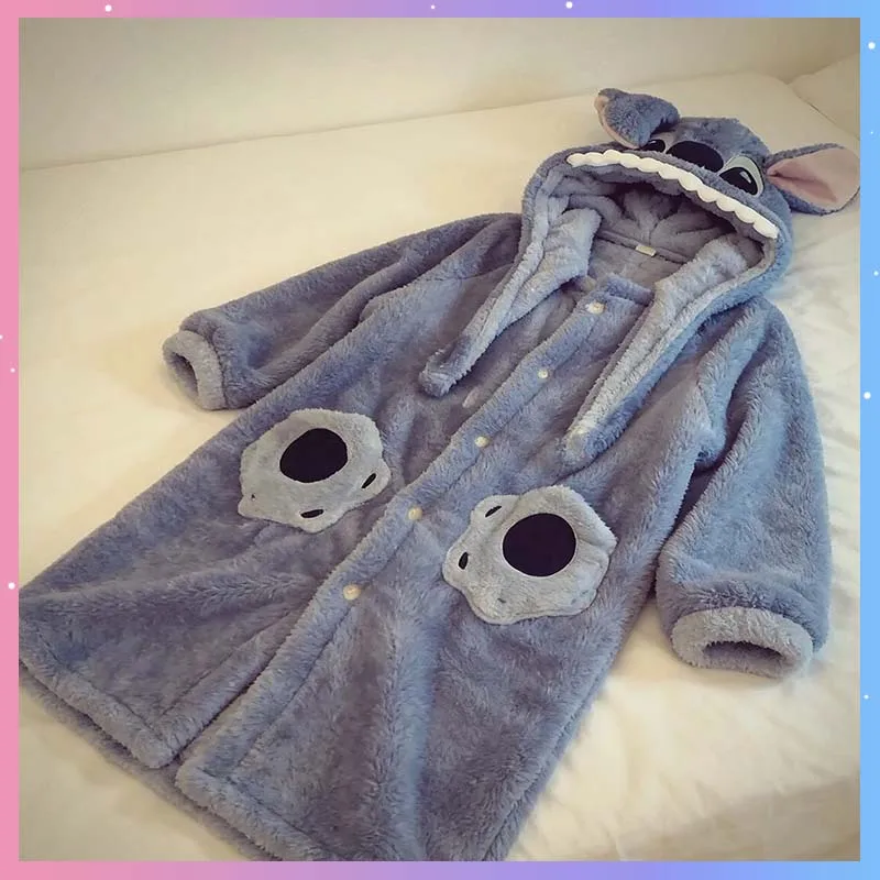 

Stitch/Angel Robe Cartoon Coral Fleece Couples Hoodie Pajamas Disney Anime Cute Loungewear Women Men Homewear Christmas Gift