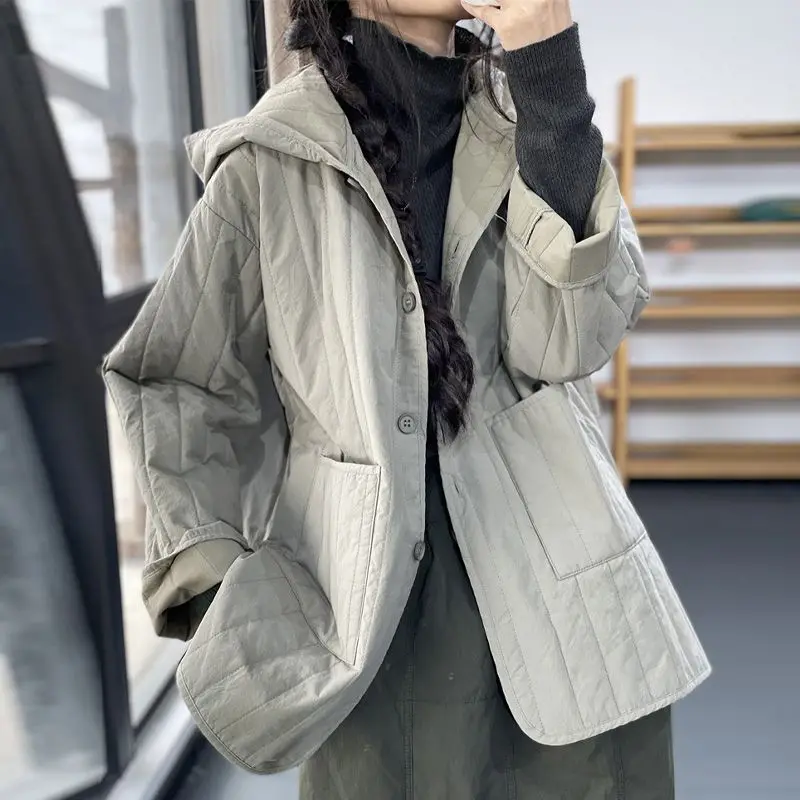 Jaqueta feminina acolchoada de algodão acolchoada de alto nível, parka vintage com capuz, jaqueta casual solta, japonesa, outono, inverno