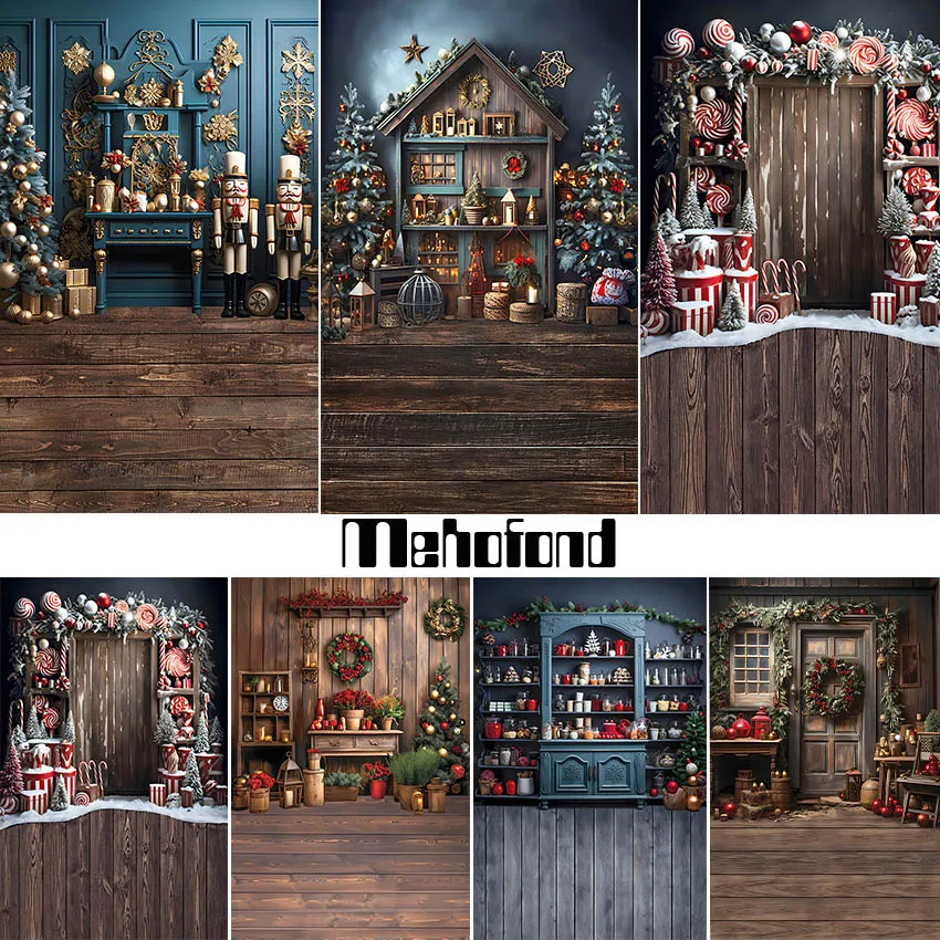 

Mehofond Christmas Santa Claus Backdrop Workshop Kitchen Decor Vintage Wooden House Portrait Photography Background Photo Props