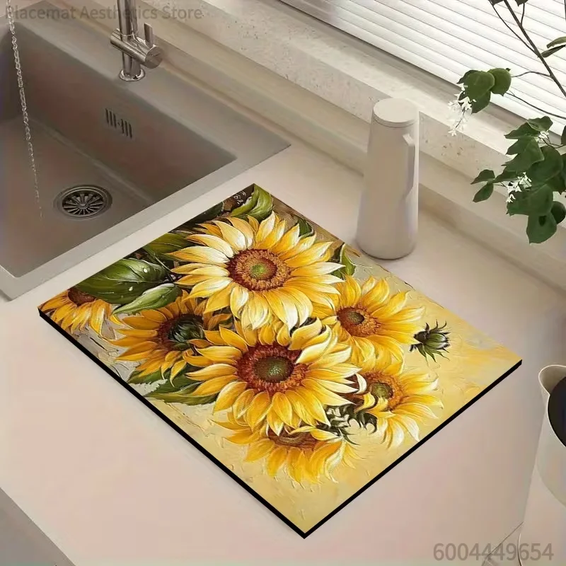 Vintage Tile Sunflower Flower Strawberry Print Super Absorbent Drying Mat Waterproof Decor Placemat