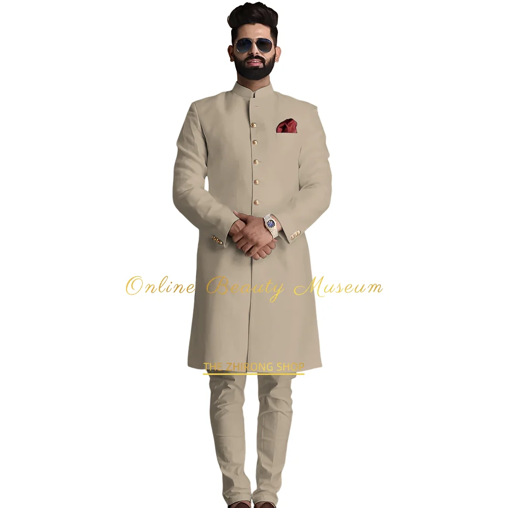 Indian and Arabian Style Men\'s 2-piece Suit | Long Coat with Golden Buttons | Traditional Wedding Wear | Perfect for Groom