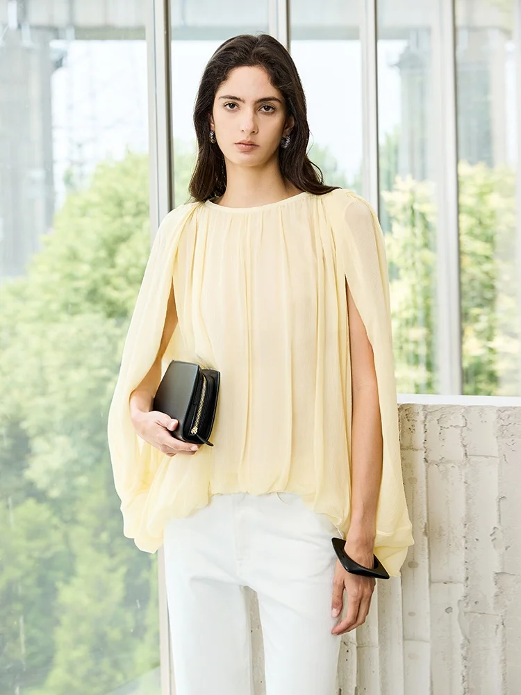 

Lightweight Flowy Summer Advanced Feel CLEON Cape Sle Splice round Ne Loose Long Sve irt Commute Sle Pure Color